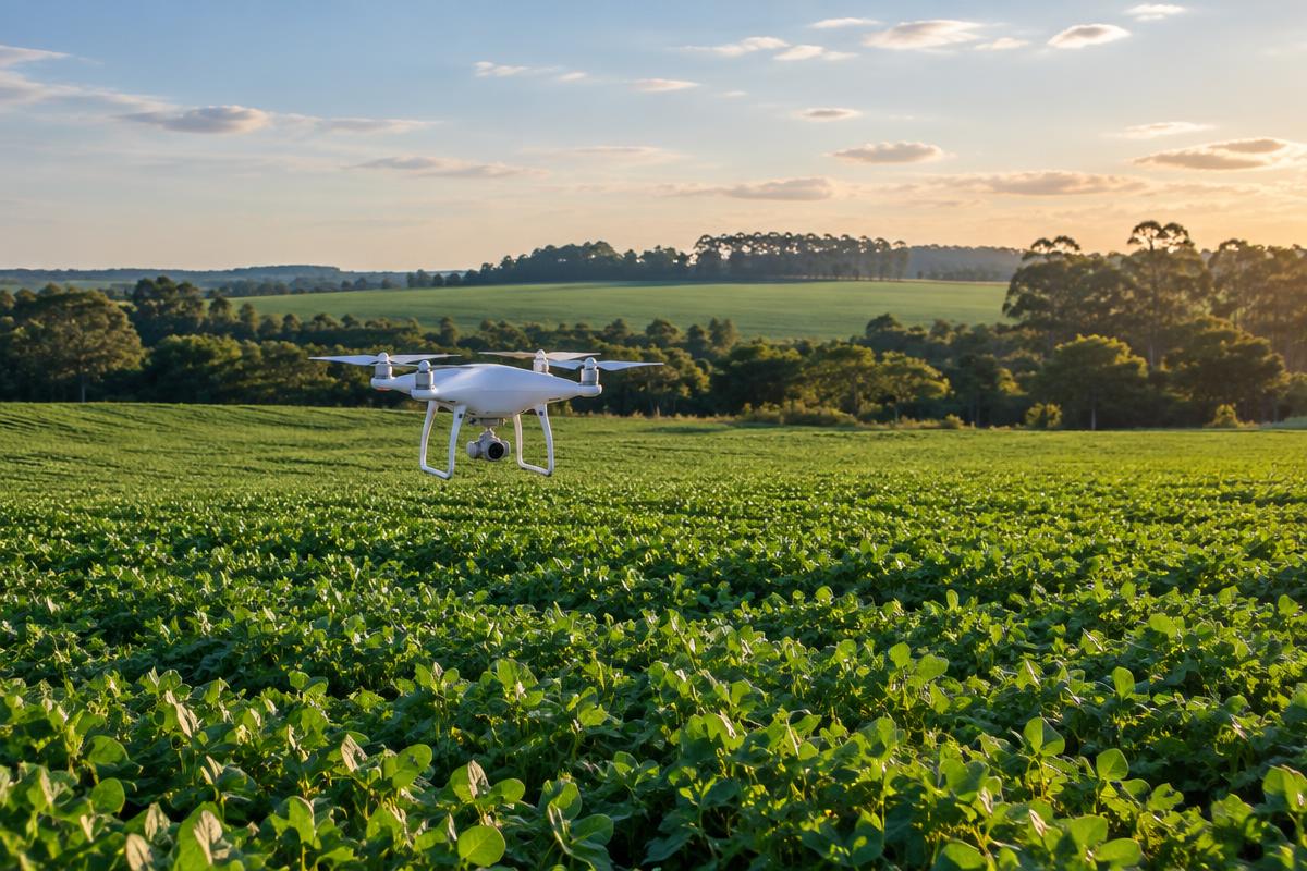 Drone realizando levantamento aéreo de uma propriedade rural